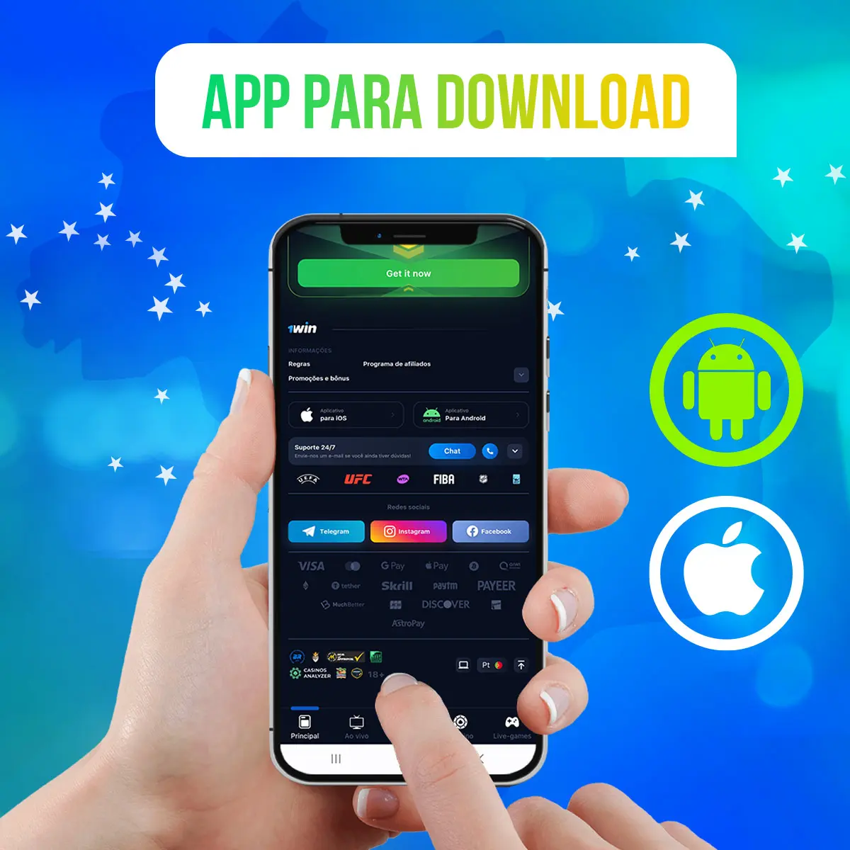 Como faço para baixar e instalar o aplicativo móvel 1Win no meu dispositivo Android e iOS no Brasil?